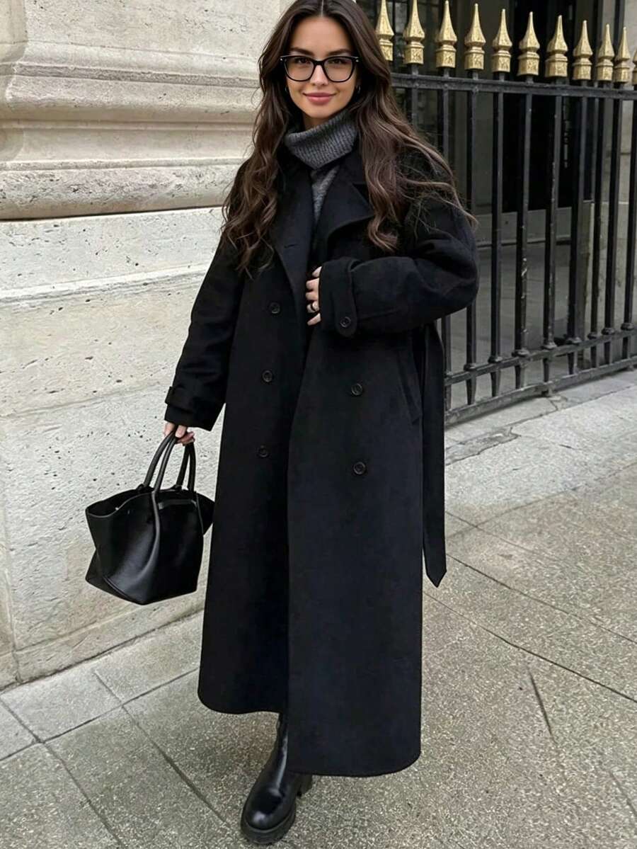 Laurel Double Breasted Belted Long Coat with Peak Lapels - Black