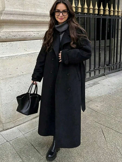 Laurel Double Breasted Belted Long Coat with Peak Lapels - Black