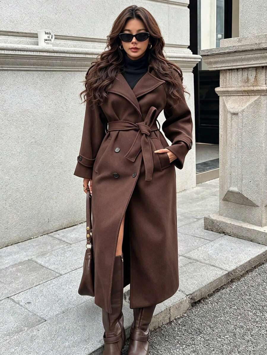 Laurel Double Breasted Belted Long Coat with Peak Lapels - Brown