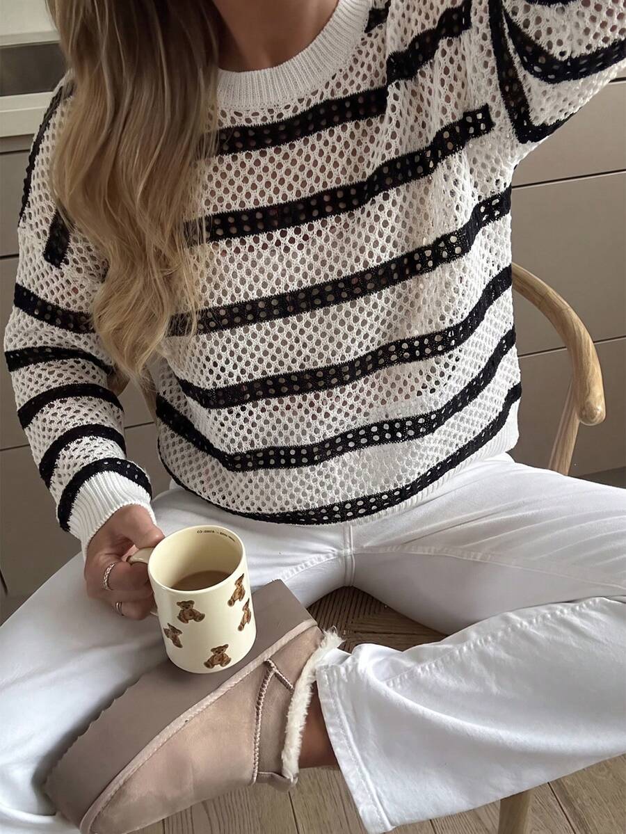 Audrey Striped Drop Shoulder Pullover Sweater - Apricot
