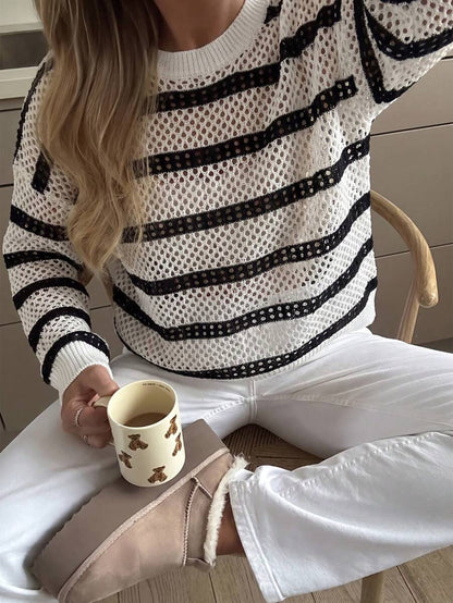 Audrey Striped Drop Shoulder Pullover Sweater - Apricot