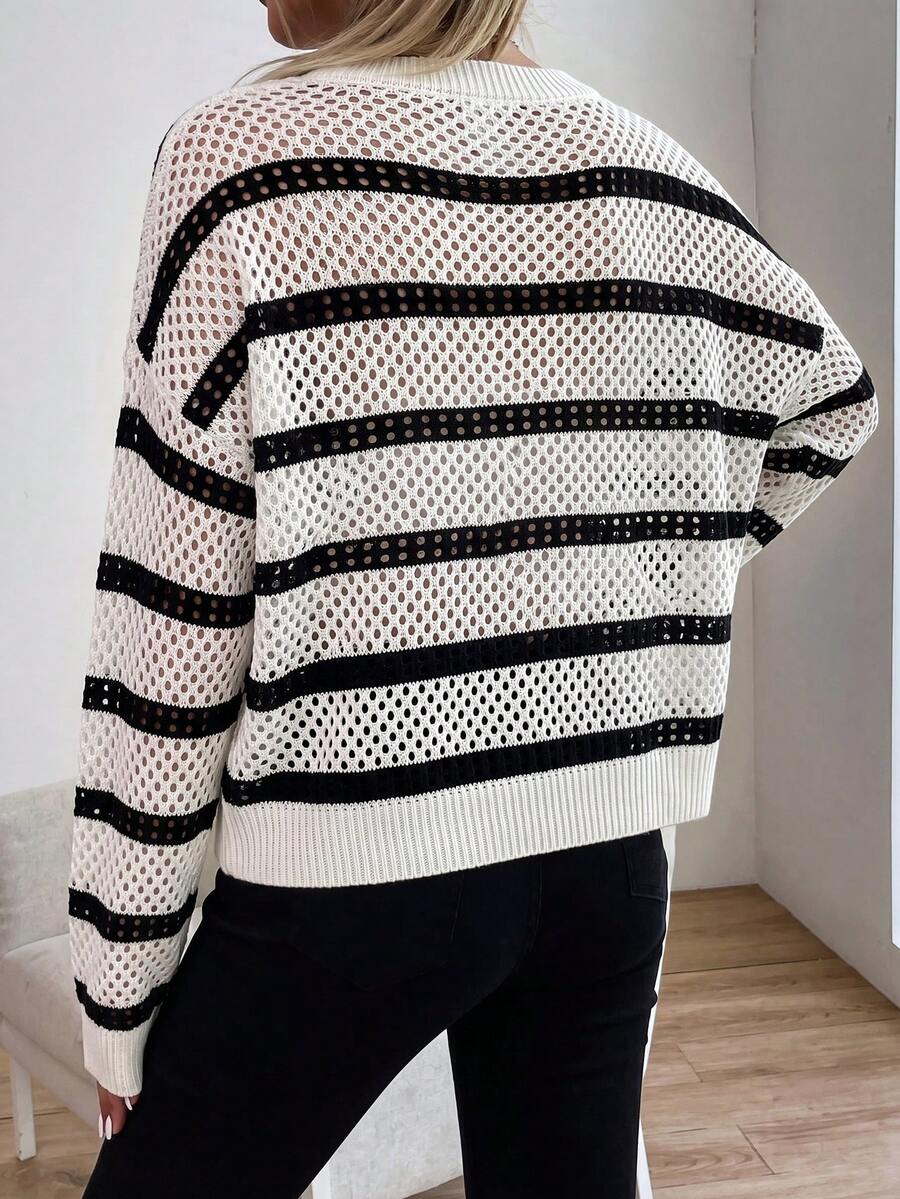 Audrey Striped Drop Shoulder Pullover Sweater - Beige