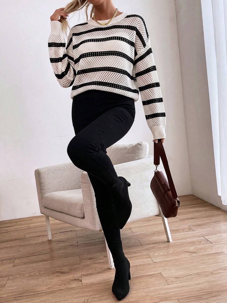 Audrey Striped Drop Shoulder Pullover Sweater - Black and White