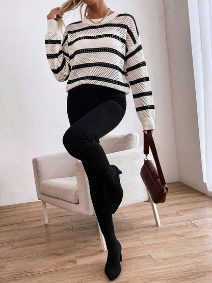 Audrey Striped Drop Shoulder Pullover Sweater - Black and White