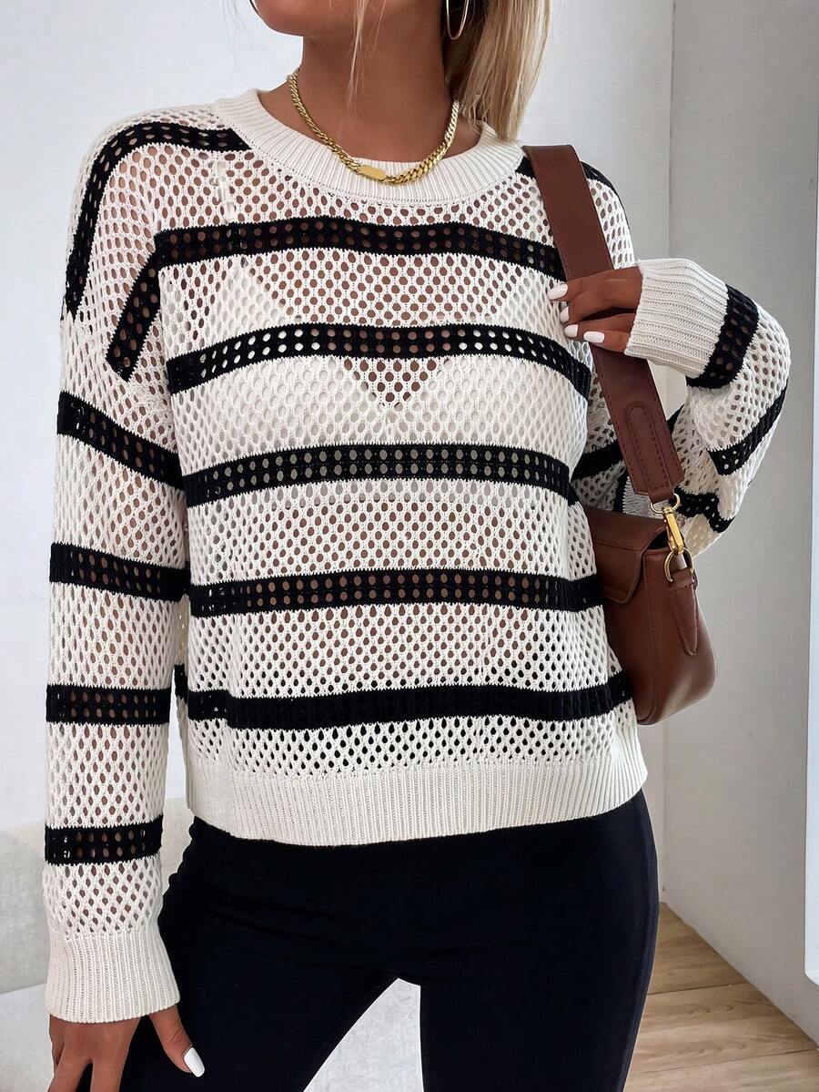 Audrey Striped Drop Shoulder Pullover Sweater - Olive Green