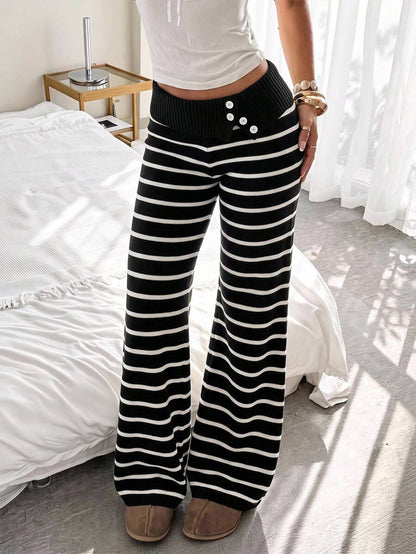 Rosalba Ribbed Knit Fold-Over Waist Flare Pants - Black