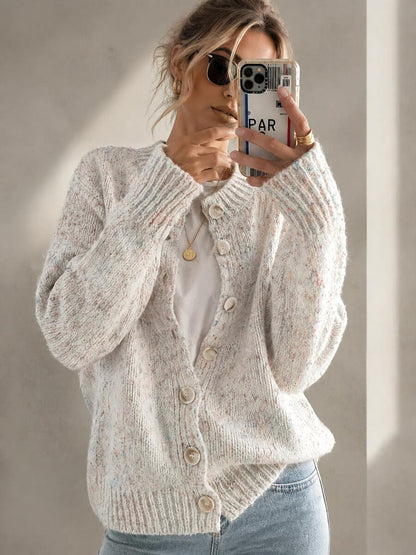 Kinsale Speckled Knit Crew Neck Button Front Cardigan - Oatmeal