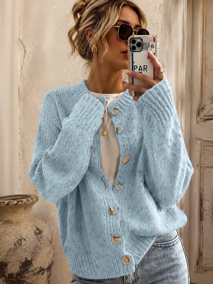 Kinsale Speckled Knit Crew Neck Button Front Cardigan - Baby Blue