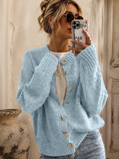 Kinsale Speckled Knit Crew Neck Button Front Cardigan - Baby Blue