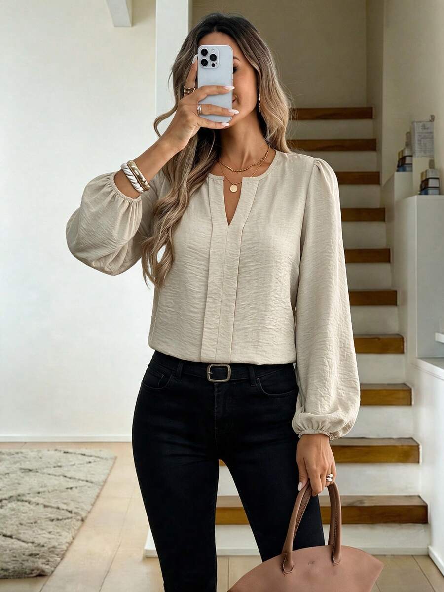 Nell Long Sleeve Blouse with Split V Neck and Lantern Sleeves - Ivory
