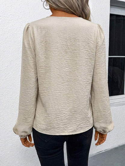 Nell Long Sleeve Blouse with Split V Neck and Lantern Sleeves - Ivory