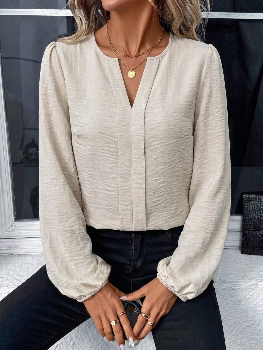 Nell Long Sleeve Blouse with Split V Neck and Lantern Sleeves - Ivory