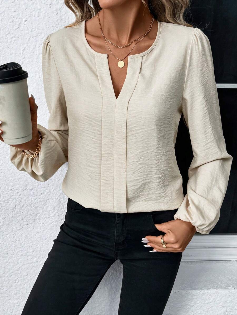 Nell Long Sleeve Blouse with Split V Neck and Lantern Sleeves - Ivory