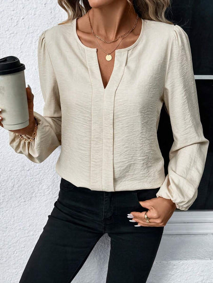 Nell Long Sleeve Blouse with Split V Neck and Lantern Sleeves - Ivory
