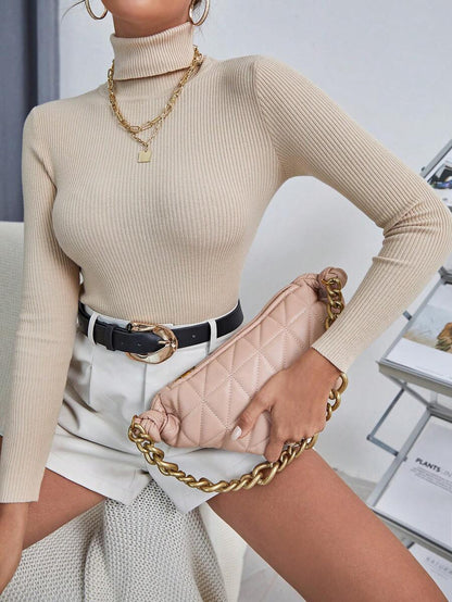 Ingrid Fitted Rib Knit Turtleneck Long Sleeve Pullover Sweater - Sand Beige