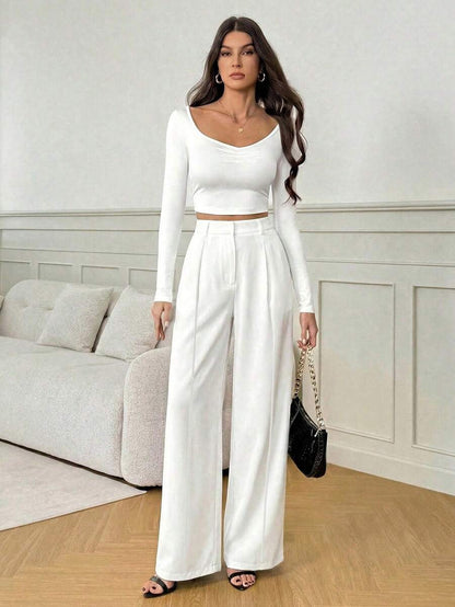 Isla High Waisted Wide Leg Pants with Pleated Front - White