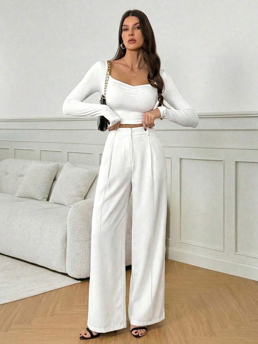 Isla High Waisted Wide Leg Pants with Pleated Front - White