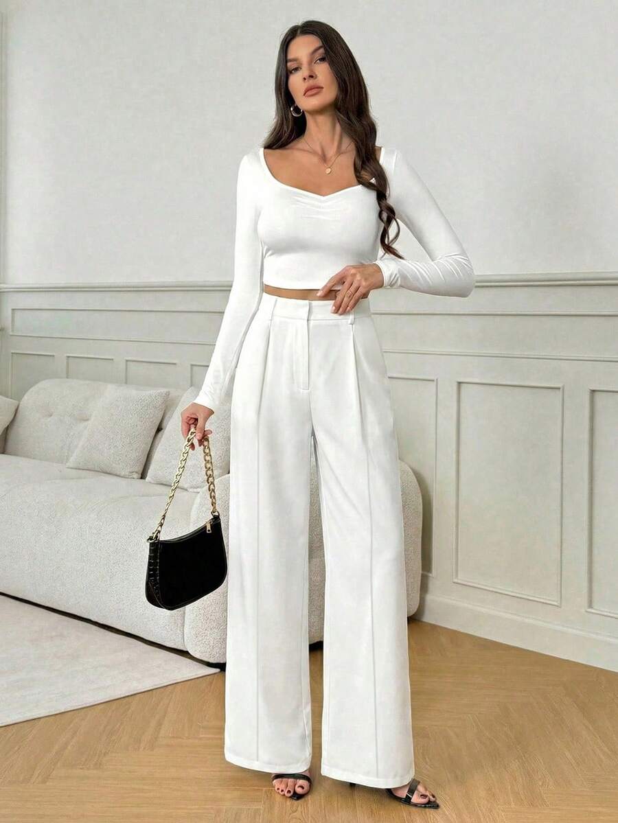 Isla High Waisted Wide Leg Pants with Pleated Front - White