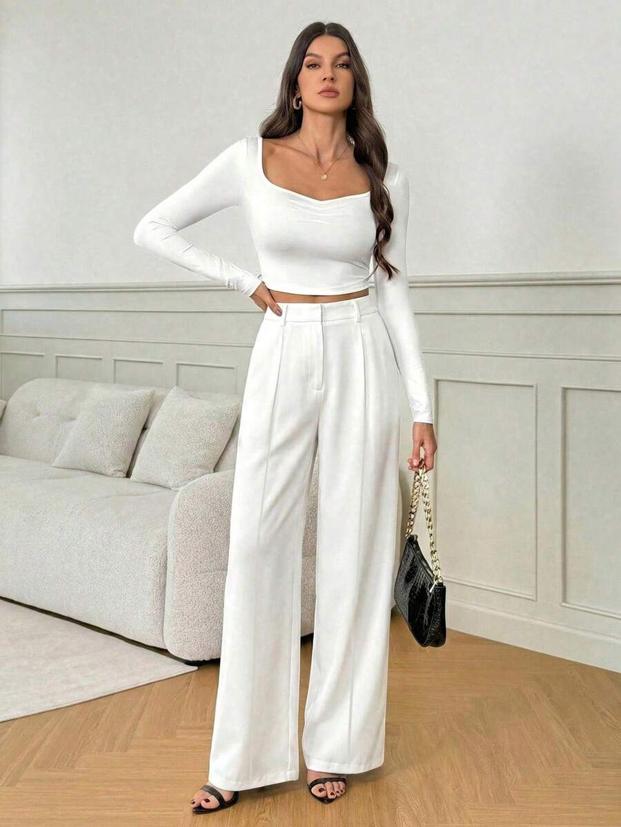 Isla High Waisted Wide Leg Pants with Pleated Front - White