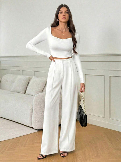 Isla High Waisted Wide Leg Pants with Pleated Front - White