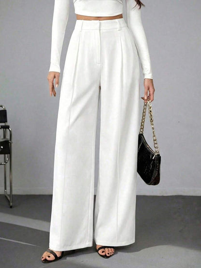 Isla High Waisted Wide Leg Pants with Pleated Front - White