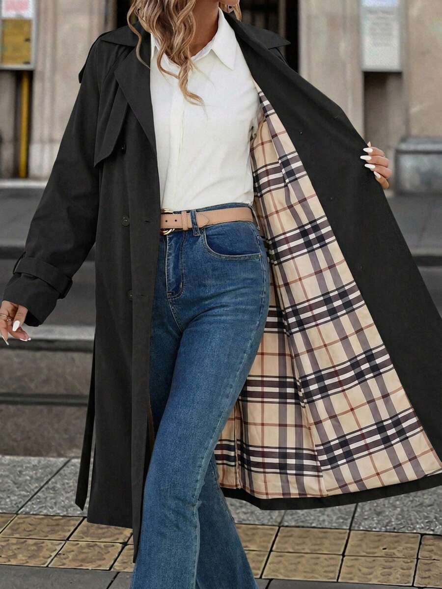 Fleur Long Double Breasted Trench Coat with Raglan Sleeves - Black