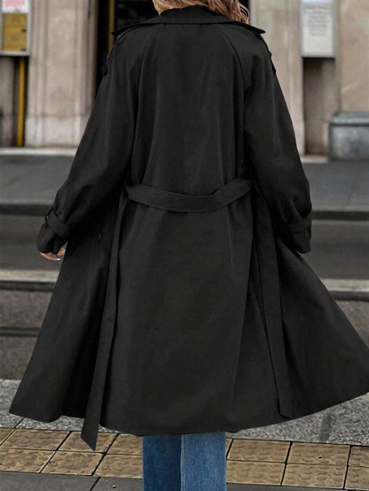 Fleur Long Double Breasted Trench Coat with Raglan Sleeves - Black