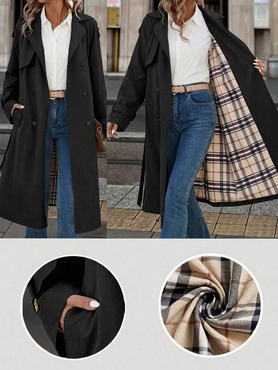 Fleur Long Double Breasted Trench Coat with Raglan Sleeves - Black