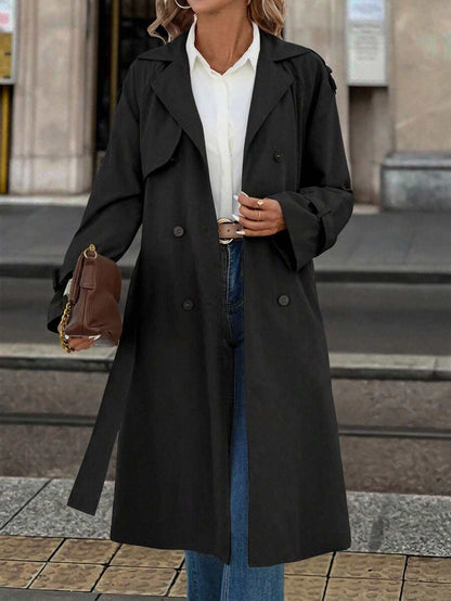 Fleur Long Double Breasted Trench Coat with Raglan Sleeves - Black