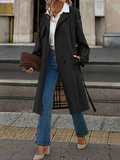 Fleur Long Double Breasted Trench Coat with Raglan Sleeves - Black