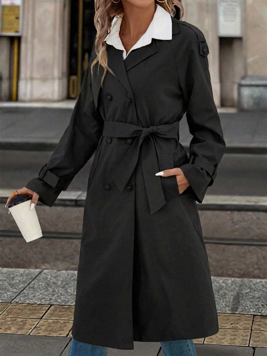 Fleur Long Double Breasted Trench Coat with Raglan Sleeves - Black