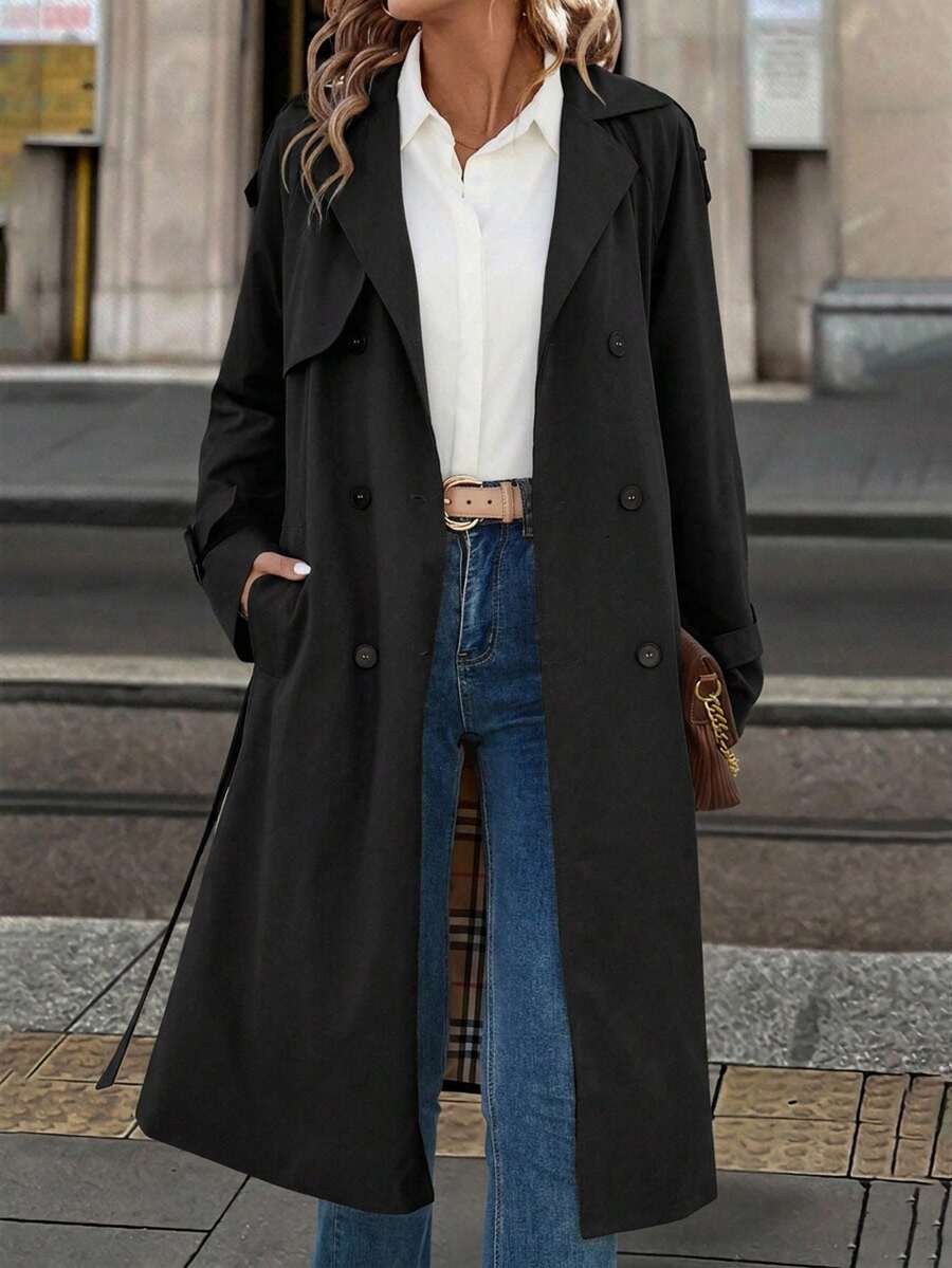 Fleur Long Double Breasted Trench Coat with Raglan Sleeves - Black