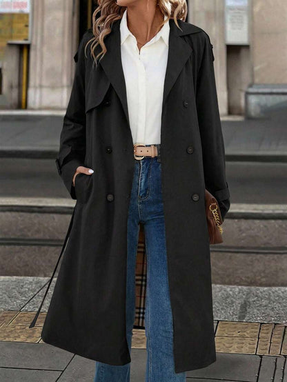 Fleur Long Double Breasted Trench Coat with Raglan Sleeves - Black