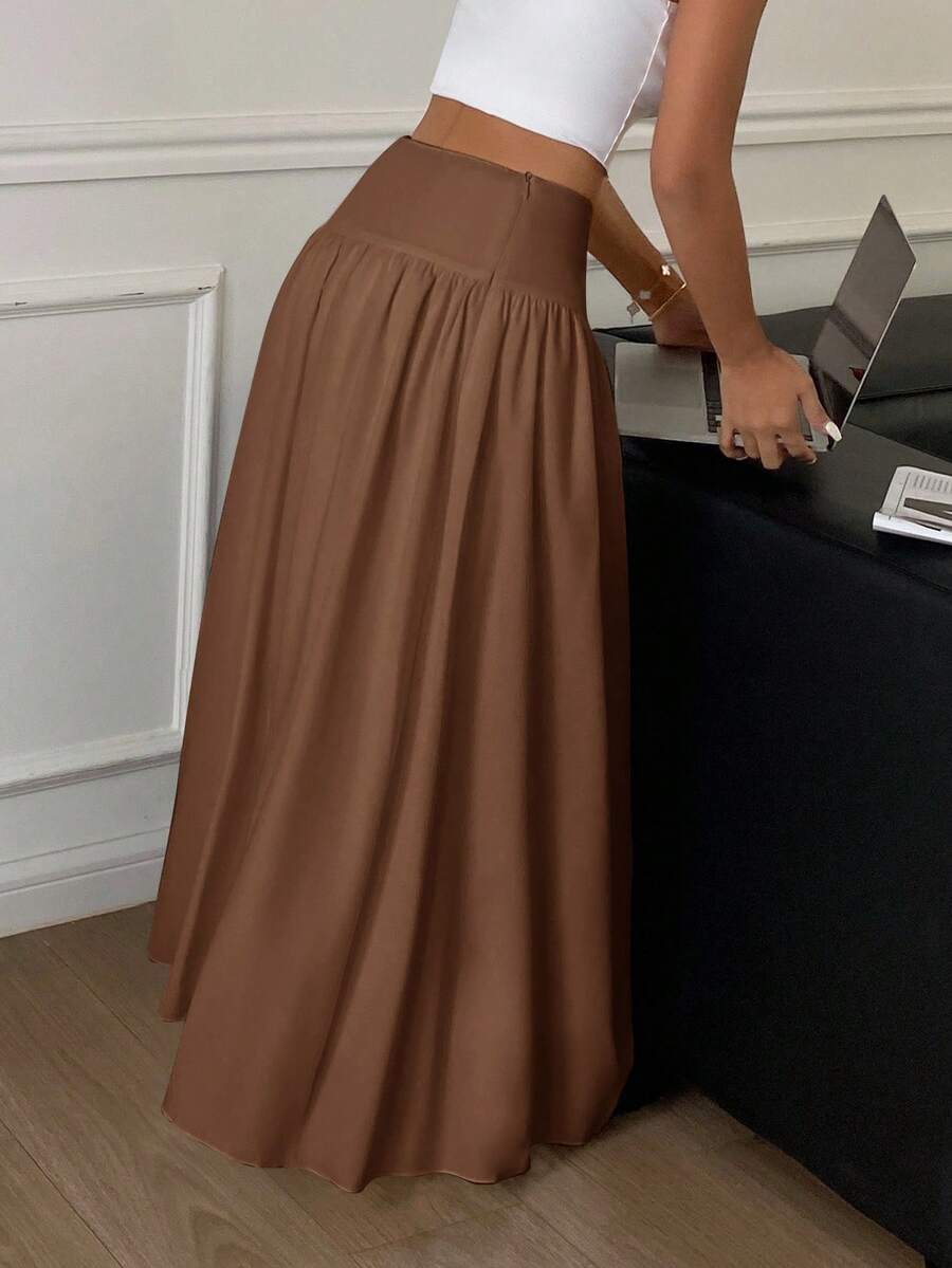 Cressida High Waist Wide Waistband Pleated Maxi Skirt - Caramel Brown