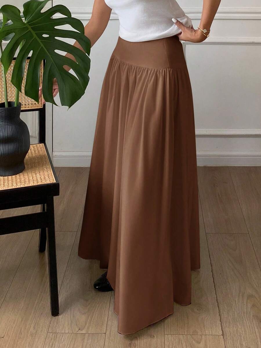 Cressida High Waist Wide Waistband Pleated Maxi Skirt - Caramel Brown
