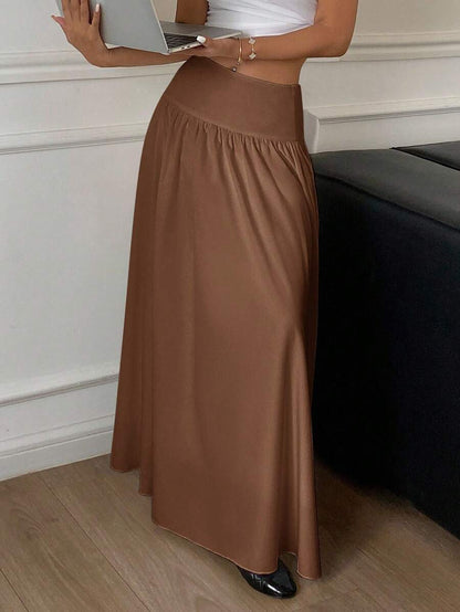 Cressida High Waist Wide Waistband Pleated Maxi Skirt - Caramel Brown