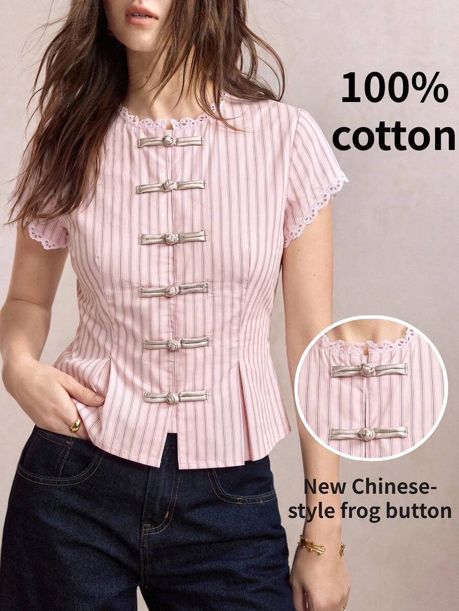 Mirabel Lace Trim Frog Button Short Sleeve Cotton Blouse - Pink Stripe