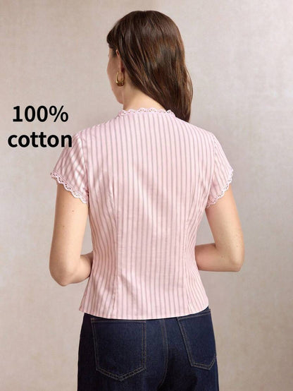 Mirabel Lace Trim Frog Button Short Sleeve Cotton Blouse - Pink Stripe
