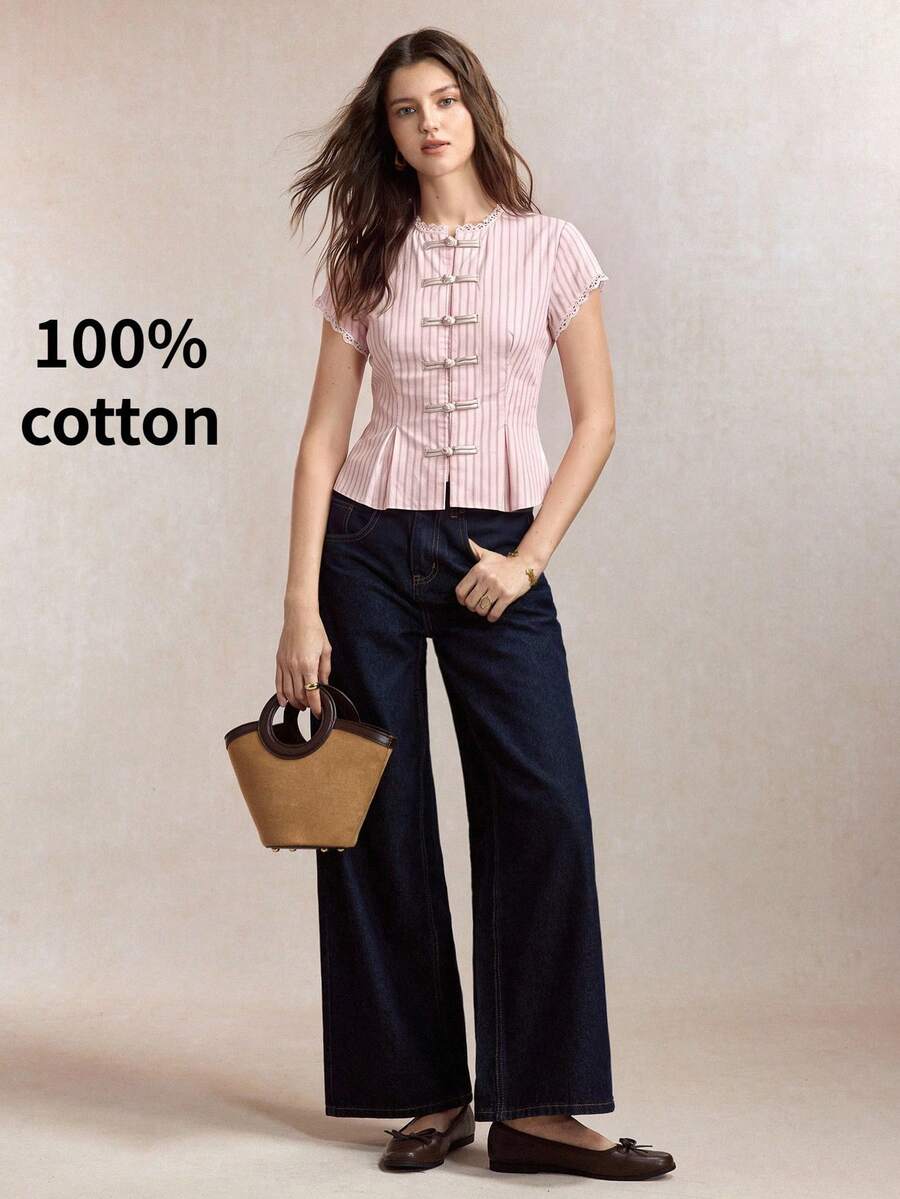 Mirabel Lace Trim Frog Button Short Sleeve Cotton Blouse - Pink Stripe