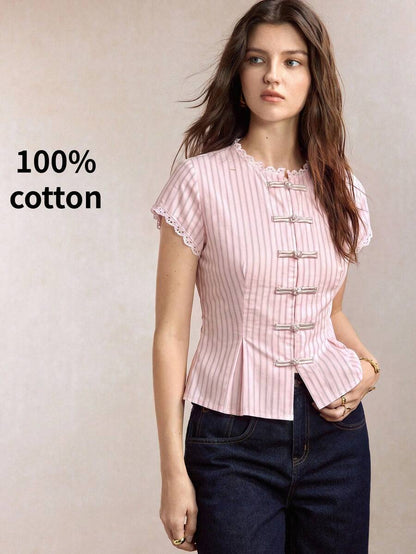 Mirabel Lace Trim Frog Button Short Sleeve Cotton Blouse - Pink Stripe