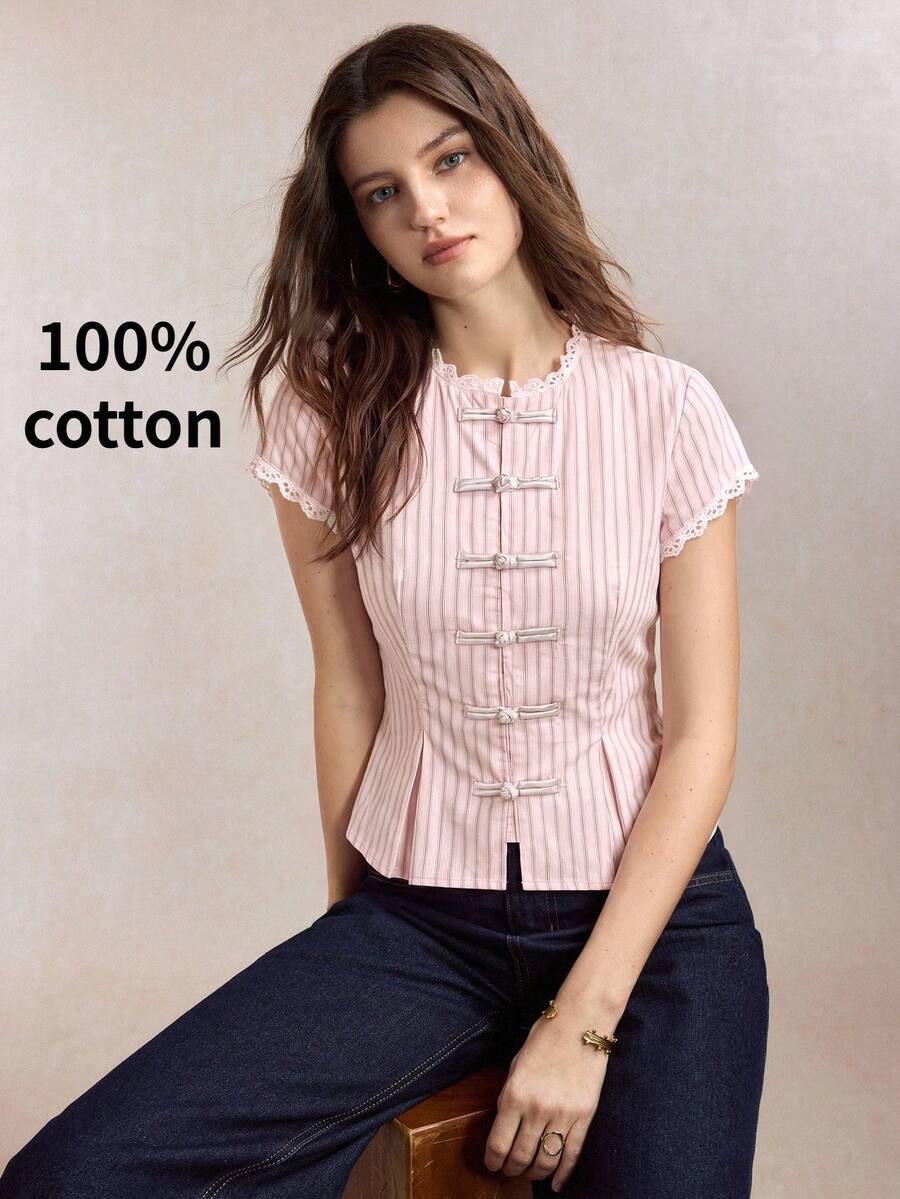 Mirabel Lace Trim Frog Button Short Sleeve Cotton Blouse - Pink Stripe