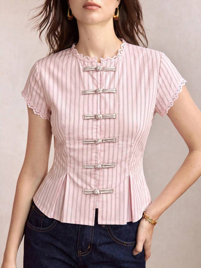 Mirabel Lace Trim Frog Button Short Sleeve Cotton Blouse - Pink Stripe