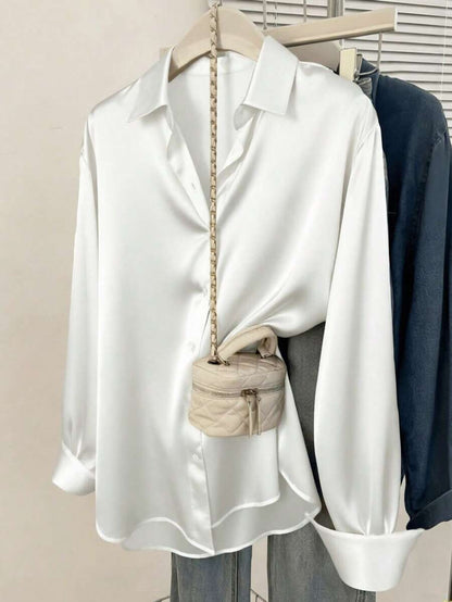 Women's Satin Button Down Shirt, Collared Long Sleeve Silky Blouse for Work and Evening - White