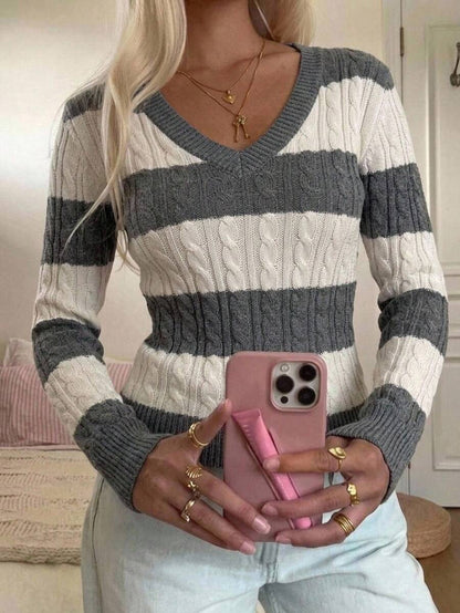 Saskia Slim V Neck Twist Cable Knit Sweater with Contrast Trim - Grey Stripe