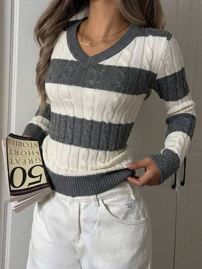 Saskia Slim V Neck Twist Cable Knit Sweater with Contrast Trim - Grey Stripe