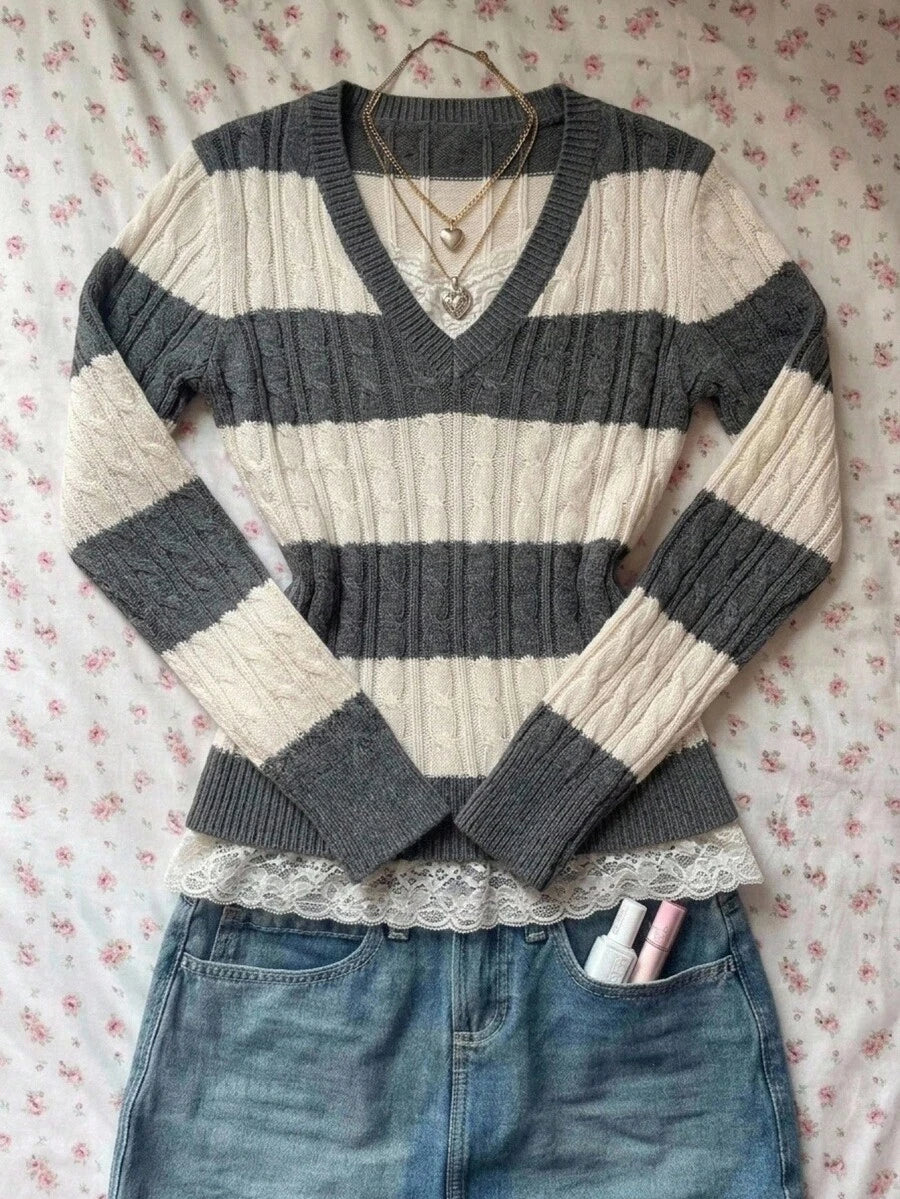 Saskia Slim V Neck Twist Cable Knit Sweater with Contrast Trim - Grey Stripe