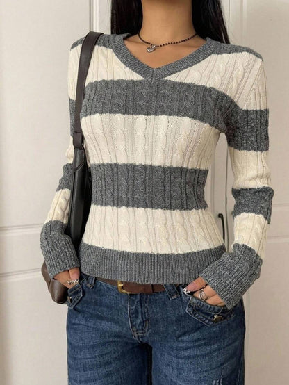 Saskia Slim V Neck Twist Cable Knit Sweater with Contrast Trim - Grey Stripe