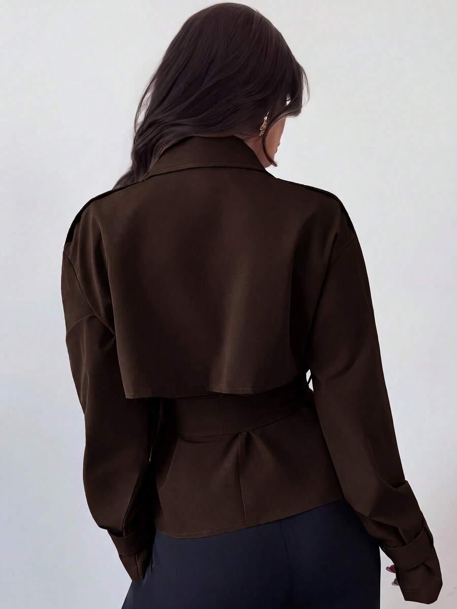 Ilse Cropped Belted Trench Coat with Tie Waist and Collar - Chocolate Brown
