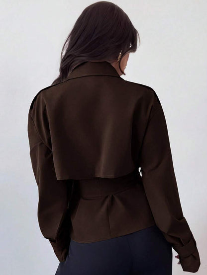 Ilse Cropped Belted Trench Coat with Tie Waist and Collar - Chocolate Brown