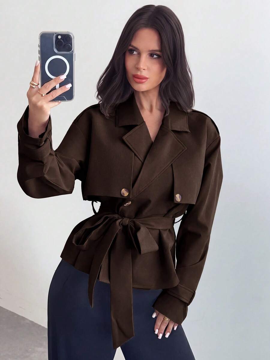Ilse Cropped Belted Trench Coat with Tie Waist and Collar - Chocolate Brown